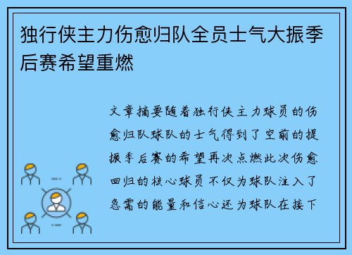 独行侠主力伤愈归队全员士气大振季后赛希望重燃